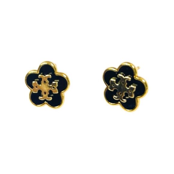 Designer Inspired Tory Black Gold Stud Earrings - Picture 7 of 8